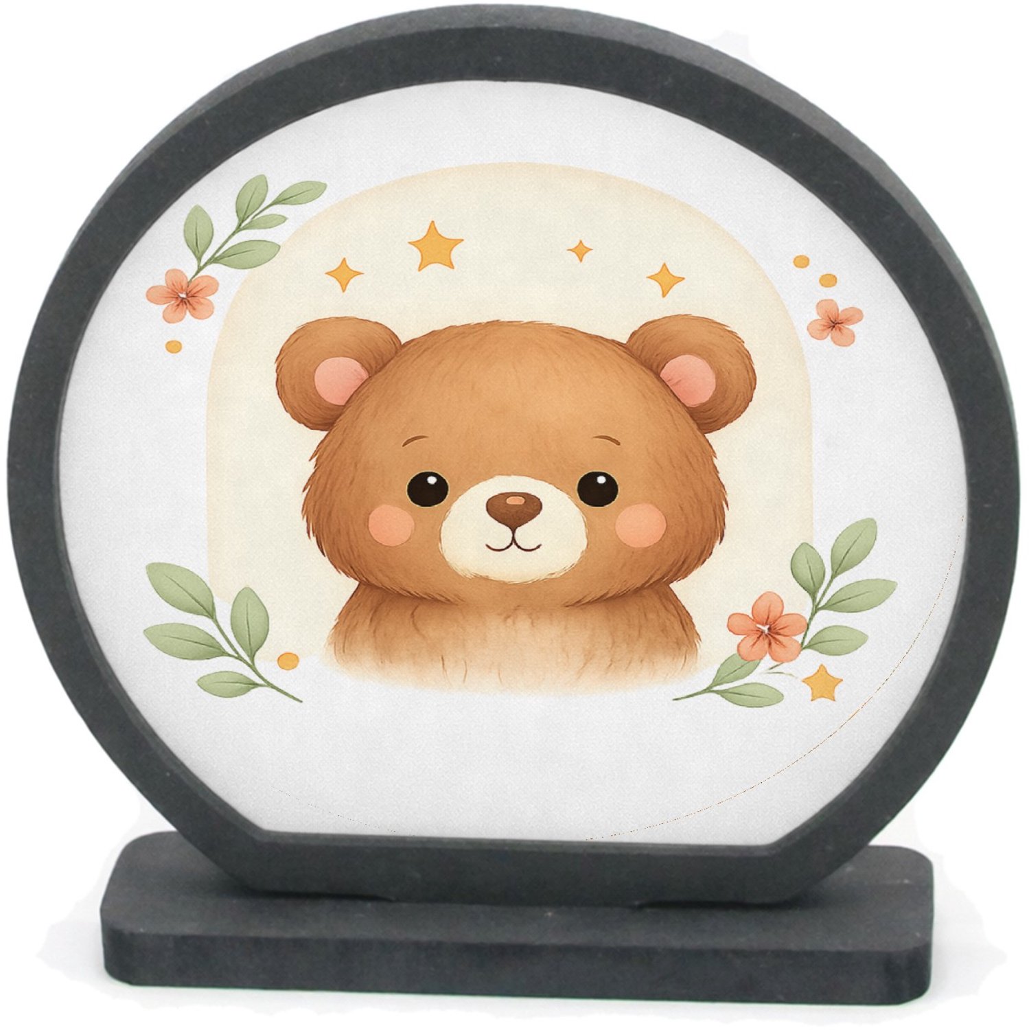 Mr Cadeautjes Houten fotolijst rond met MDF inleg - design Rustige bosvrienden in zachte boogvormen | cadeau Wit
