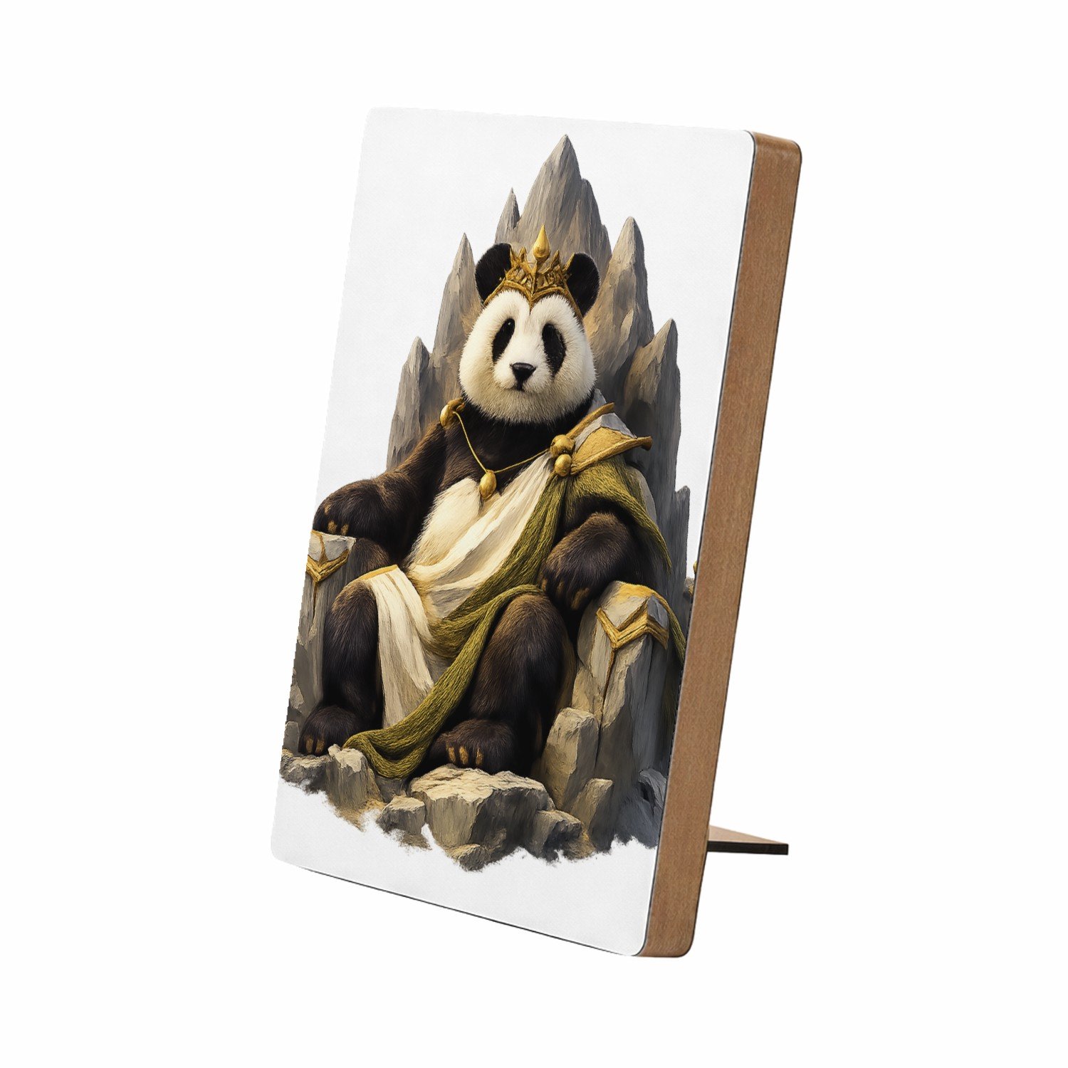 Mr Cadeautjes Glasframe/MDF 12,7 x 17,8 - design Een trotse panda op een minimalistische bergtroon met wind e | cadeau Wit