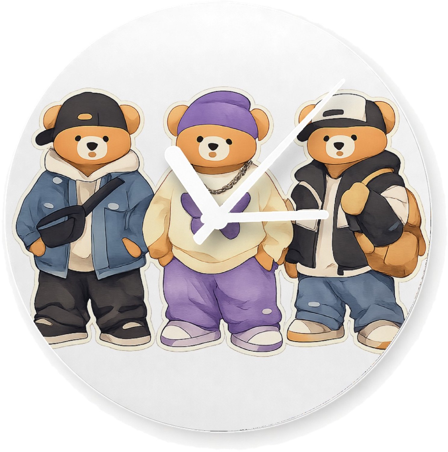 Mr Cadeautjes Glazen klok Ø 20 - design Een trio van konijnen als hippe stadsfiguren met jassen, pet | cadeau Wit