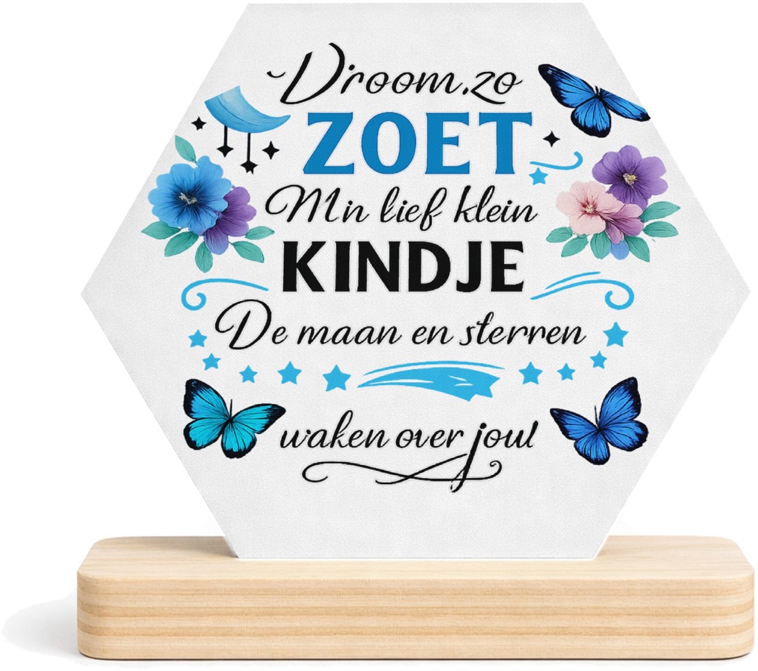 Mr Cadeautjes MDF fotolijst/inleg hexagon 14 x 13 - design Een troostend slaapkamerthema met maan, sterren en een gerus | cadeau Wit