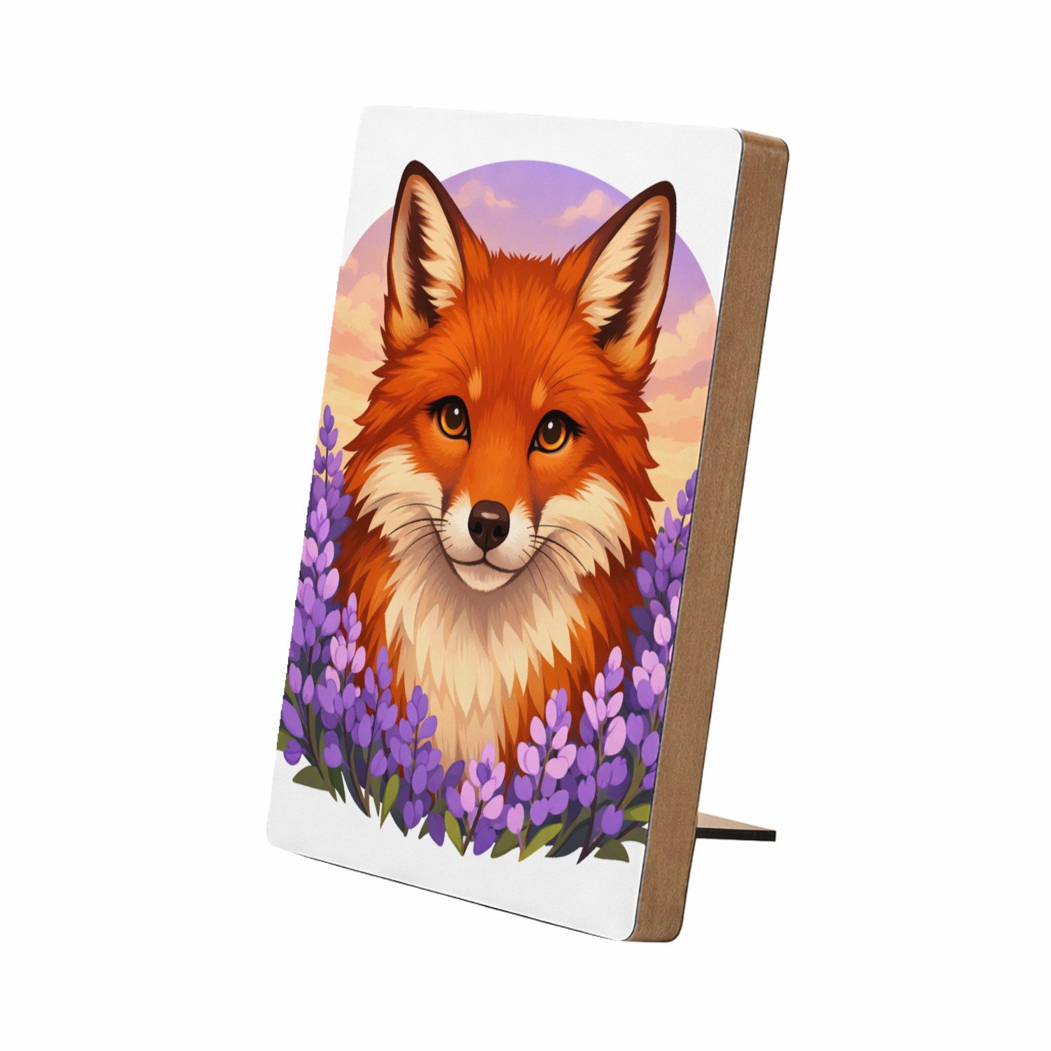 Mr Cadeautjes Glasframe/MDF 12,7 x 17,8 - design Frontaal portret van een vos in een veld van paarse bloemen | cadeau Wit