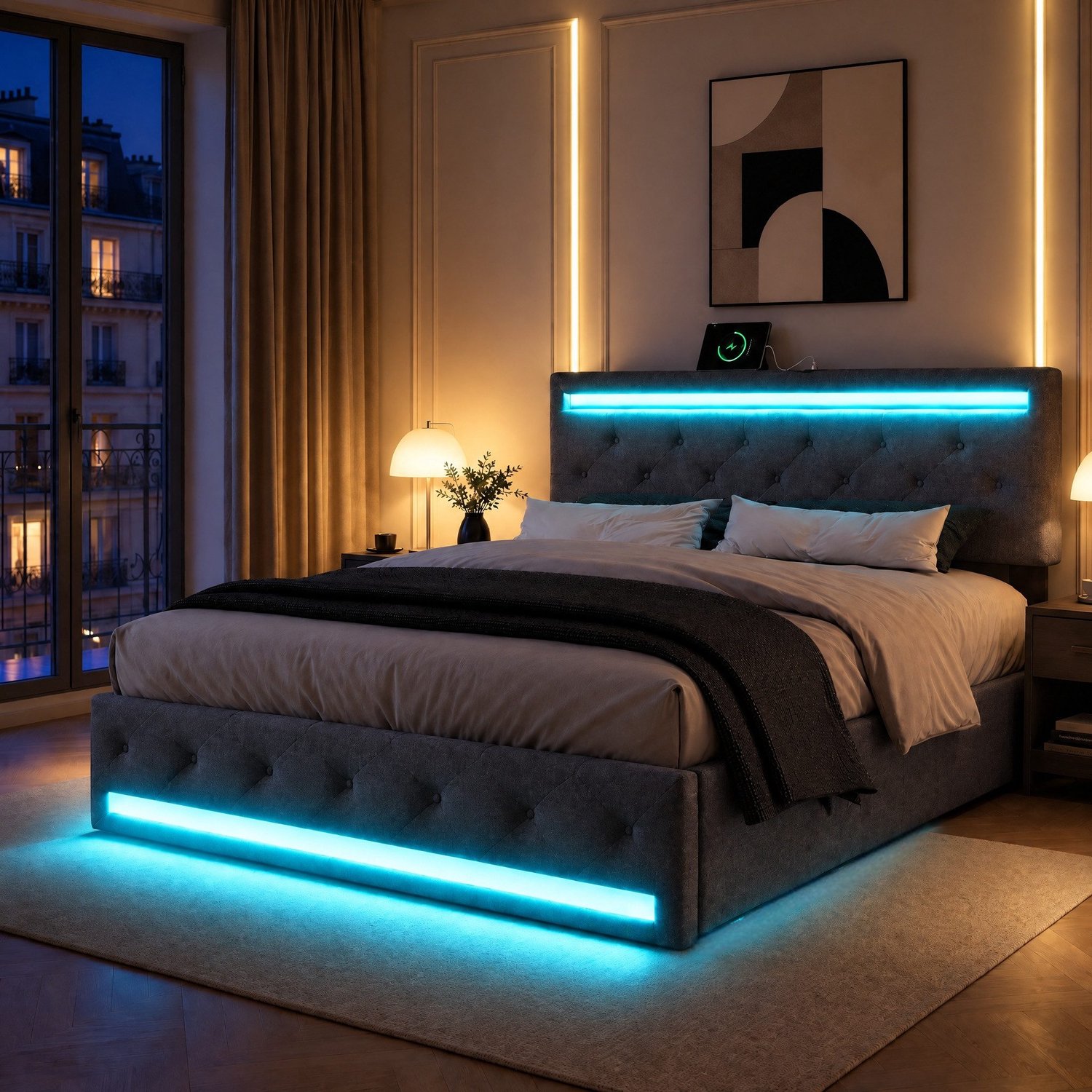 Mofor Gestoffeerd opbergbed 160x200 cm met 4 lades en lattenbodem - RGB LED-verlichting - verstelbaar hoofdbord - linnen bekleding - grijs