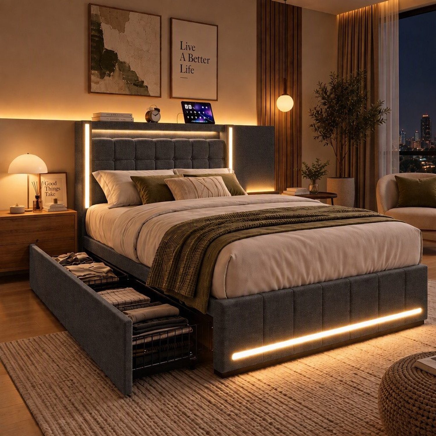 Mofor Gestoffeerd opbergbed 90x200 cm met 2 lades - eenpersoonsbed met LED-verlichting en USB-poorten - linnen bekleding - grijs