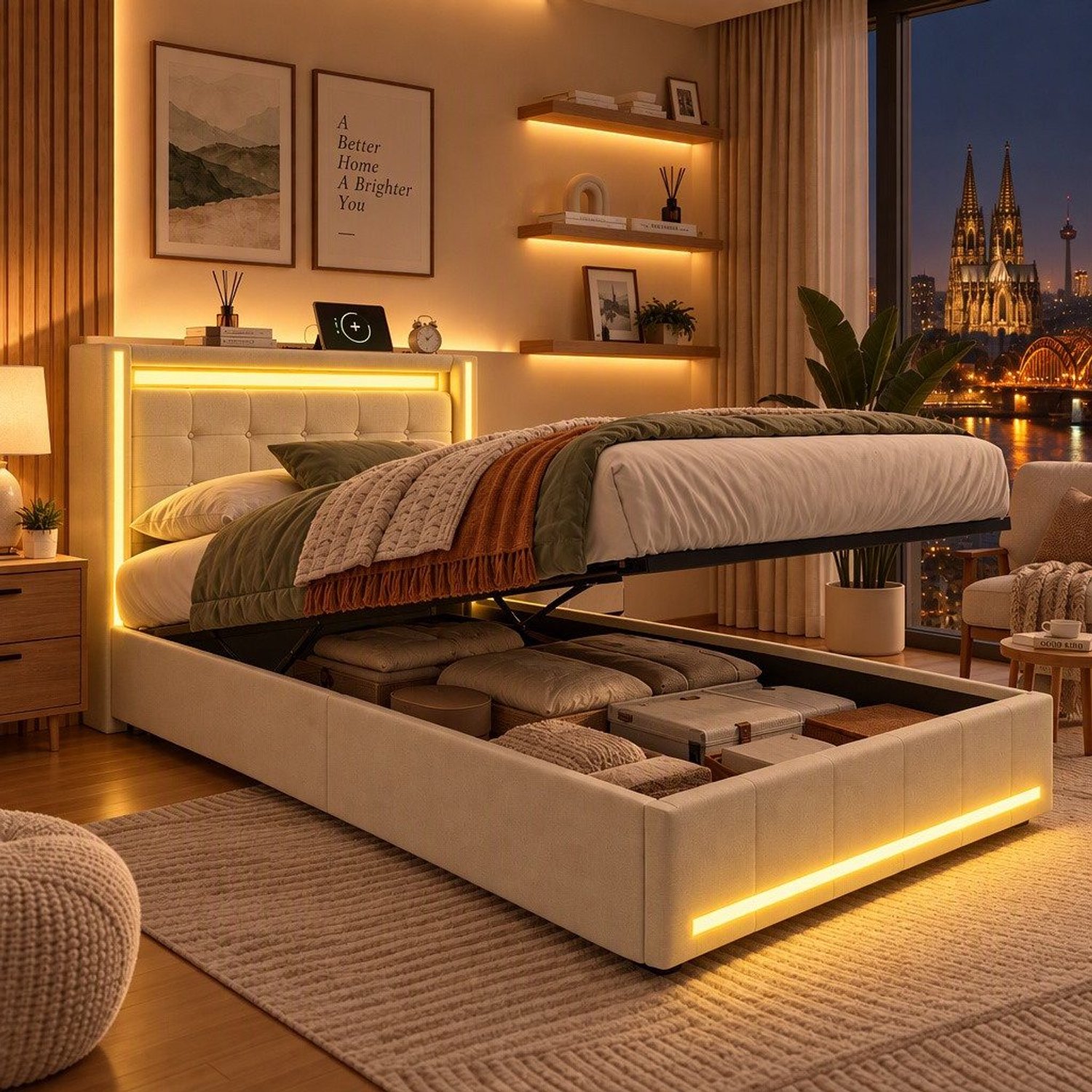 Mofor Gestoffeerd opbergbed 90x200 cm met hydraulische opbergruimte - eenpersoonsbed met LED-verlichting en USB-poorten - linnen bekleding - beige