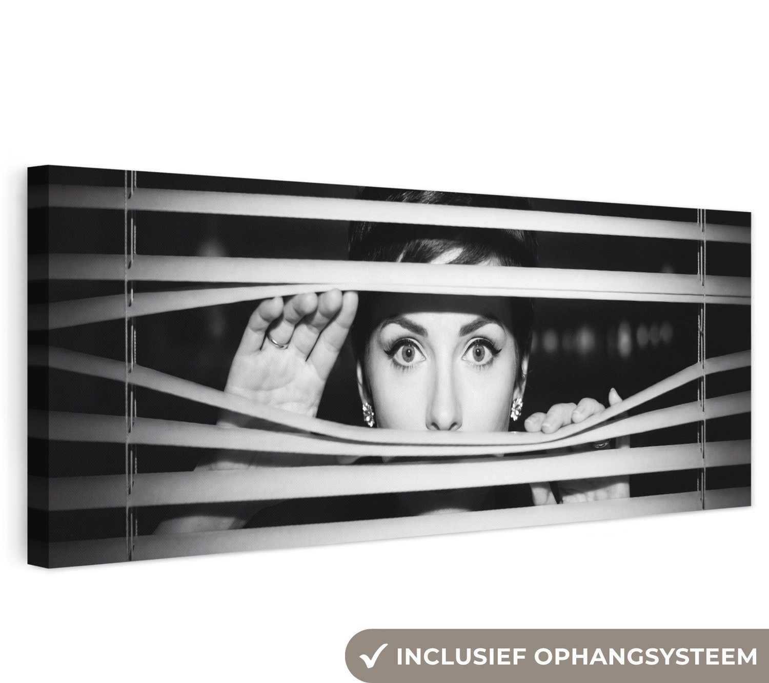 Canvas schilderij 90x30 cm - Exclusieve wanddecoratie Vrouw - Jaloezieën - Portret - Zwart-wit - Muurdecoratie woonkamer - Slaapkamer decoratie - Kamer accessoires - Schilderijen op canvas