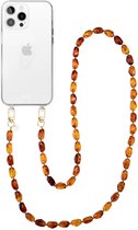 xoxo Wildhearts telefoonhoesje geschikt voor iPhone 13 Pro - Honey Flame (lang koord) - siliconen hoesje met koord - Backcover met telefoonkoord - Telefoonhanger stenen ketting - Bruin / Oranje