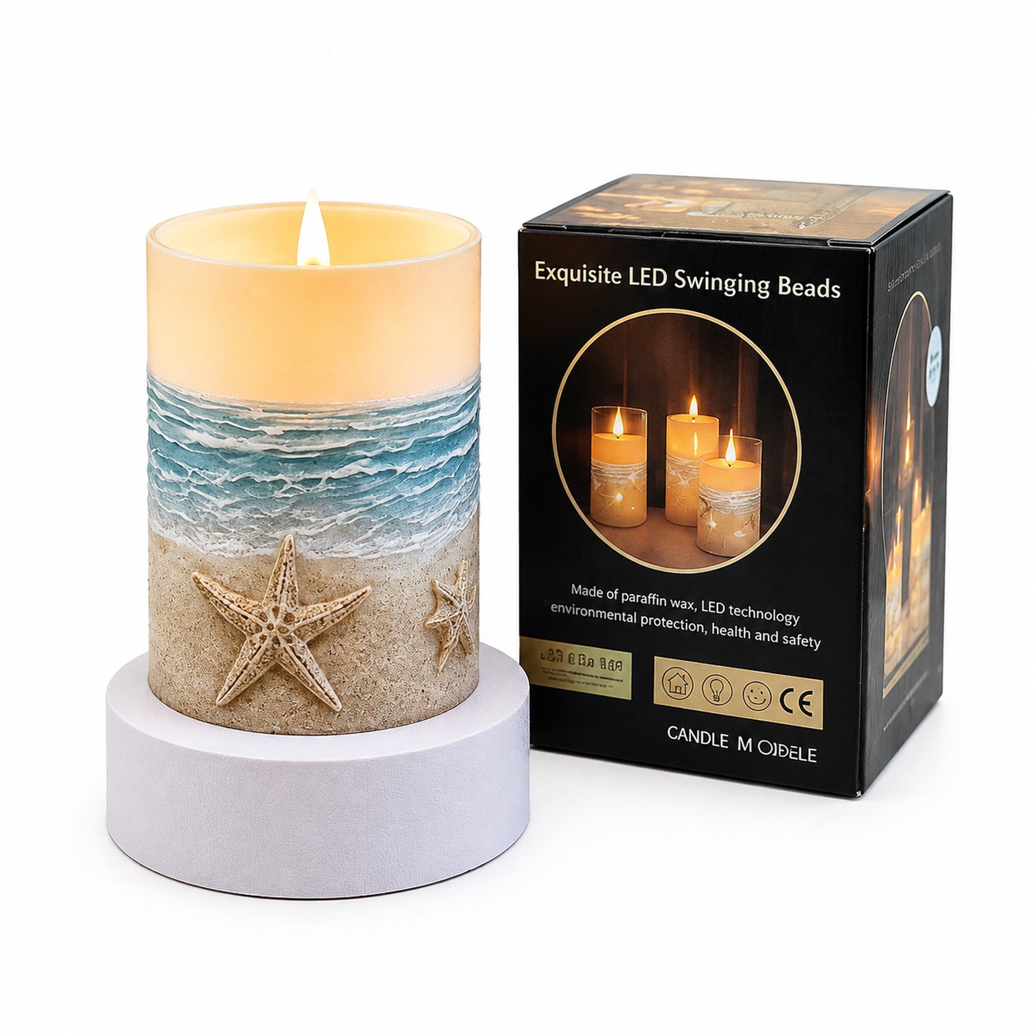 SWGOTA led kaarsen - zeestermodel met bewegende vlam, warm licht, 7,5 x 10 cm, stranddecor, batterijen niet inbegrepen Beige