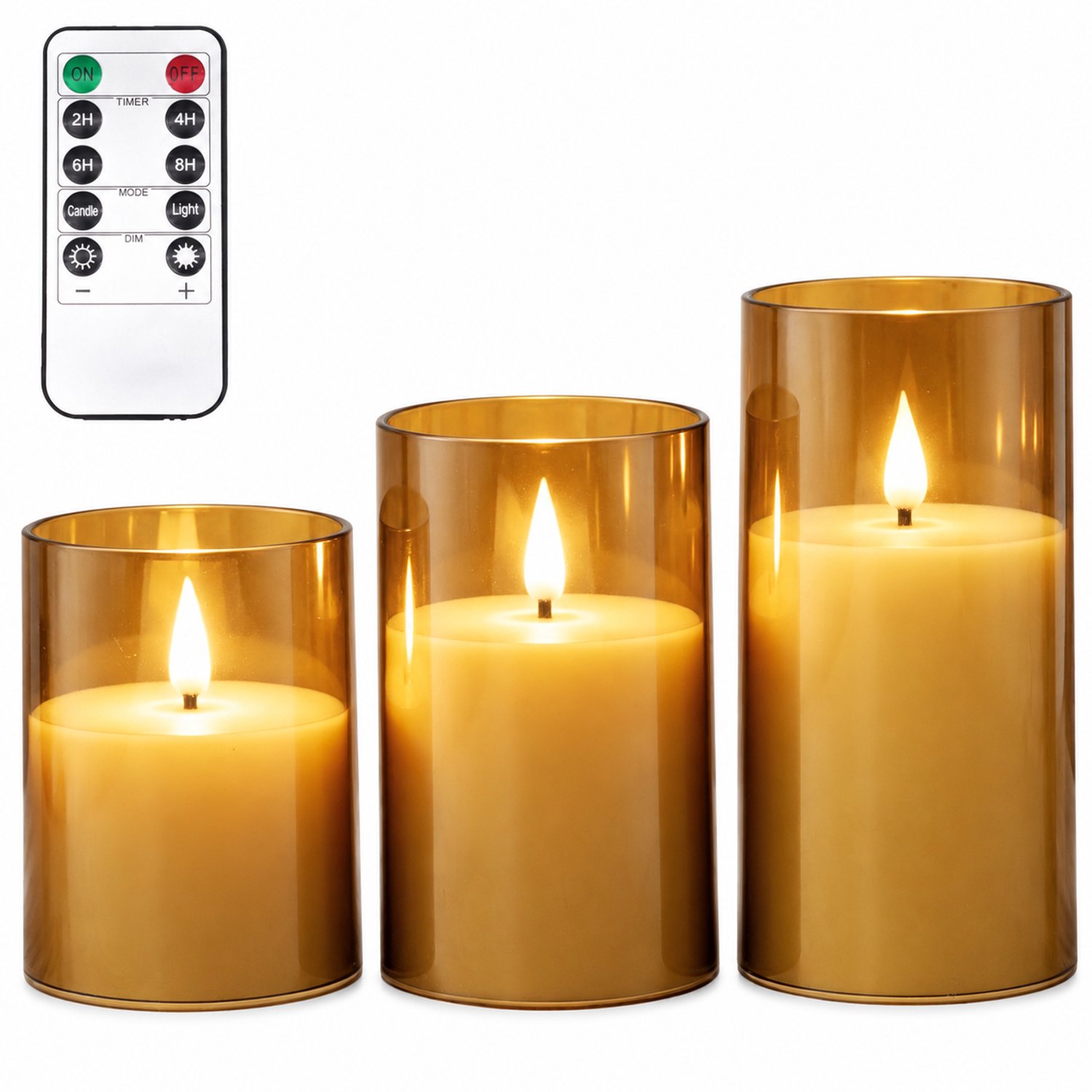 SWGOTA led kaarsen, 3 stuks per doos, bruine doorschijnende cilindervorm met druppelvormige lichttop, inclusief afstandsbediening en 1 knoopcel voor de afstandsbediening
