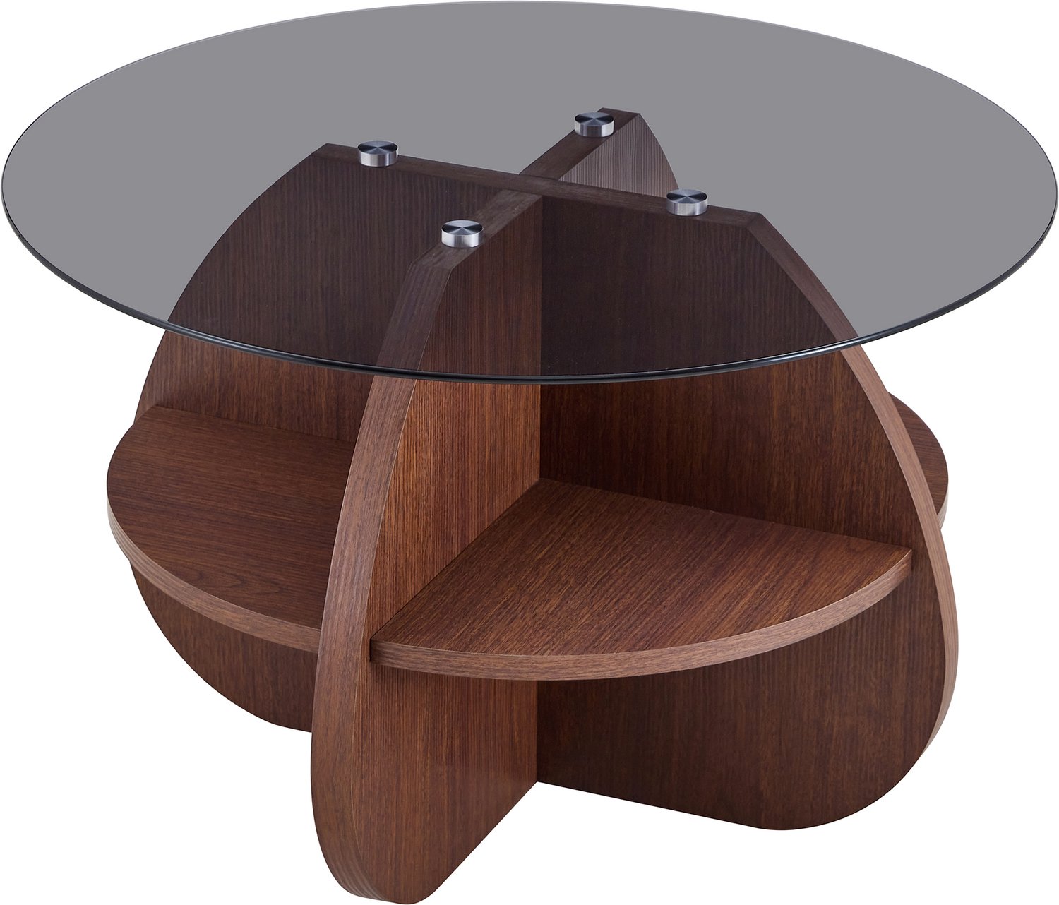 MUVANO Ronde glazen salontafel met opbergruimte - Gehard grijs glas - MDF onderstel in walnootlook - Drie open vakken - Voor woonkamer en lounge