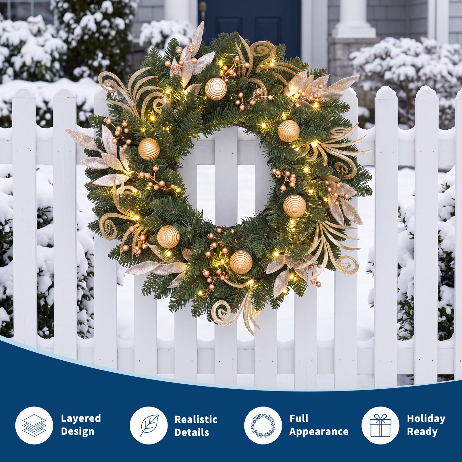 Moderne Kerstkrans 60 cm – Met Gouden Bladeren, Diamantdecoratie & Glitterballen – 50 LED Lampjes – Realistische Dennennaalden – Voor Voordeur, Muur & Raam – Goud – foto 5