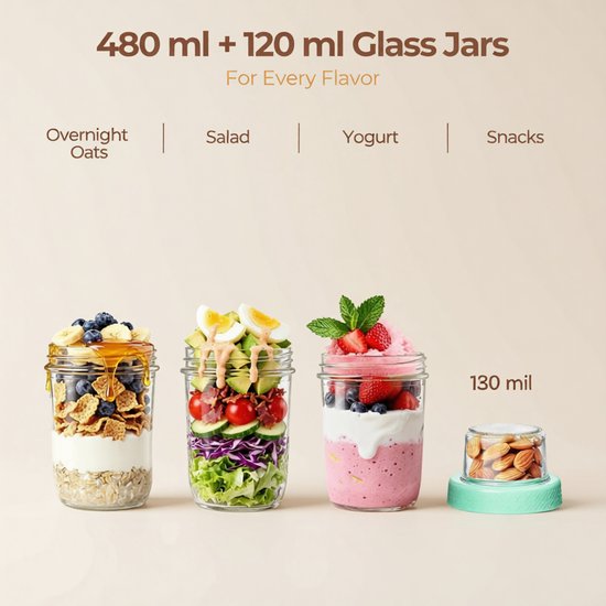 Overnight Oats Beker Set van 4 - 480 ml + 120 ml Gescheiden Vakken - Glazen Yoghurtbekers met Siliconen Hoes en Lekvrij Deksel - Roze & Groen — afbeelding 2