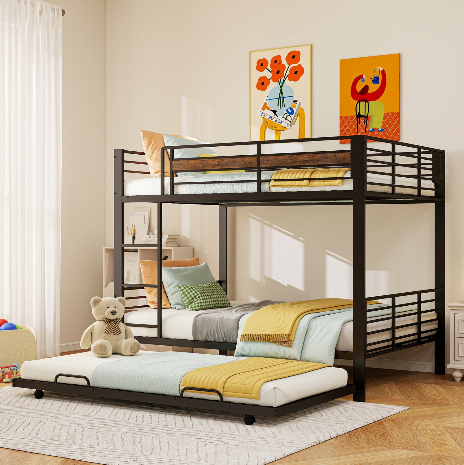 MODFU Metalen Stapelbed - Uitschuifbaar Onderbed - Uitvalbeveiliging - Zwart - 140 X 200 Cm
