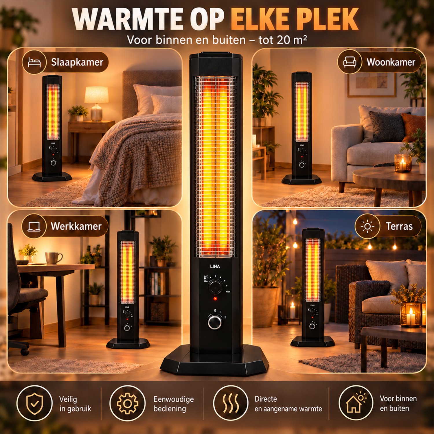 Lina® Infrarood Verwarming 1200W – Energiezuinige Elektrische Kachel voor Binnen en Buiten – 2 stuks - Terrasverwarmer – foto 6