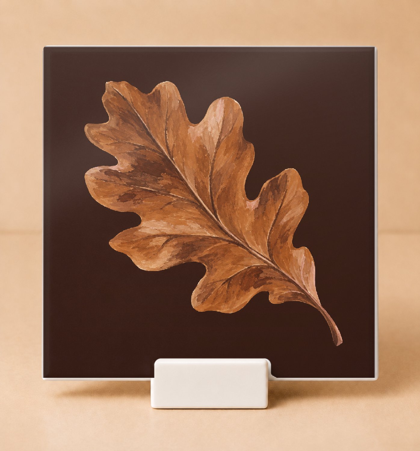 Bedruk King Sfeervolle Herfst Eikenblad Tegel – Decoratieve Keramieken Tegel voor Natuurliefhebbers en Herfstfans - 15 x 15 cm met houder Wit