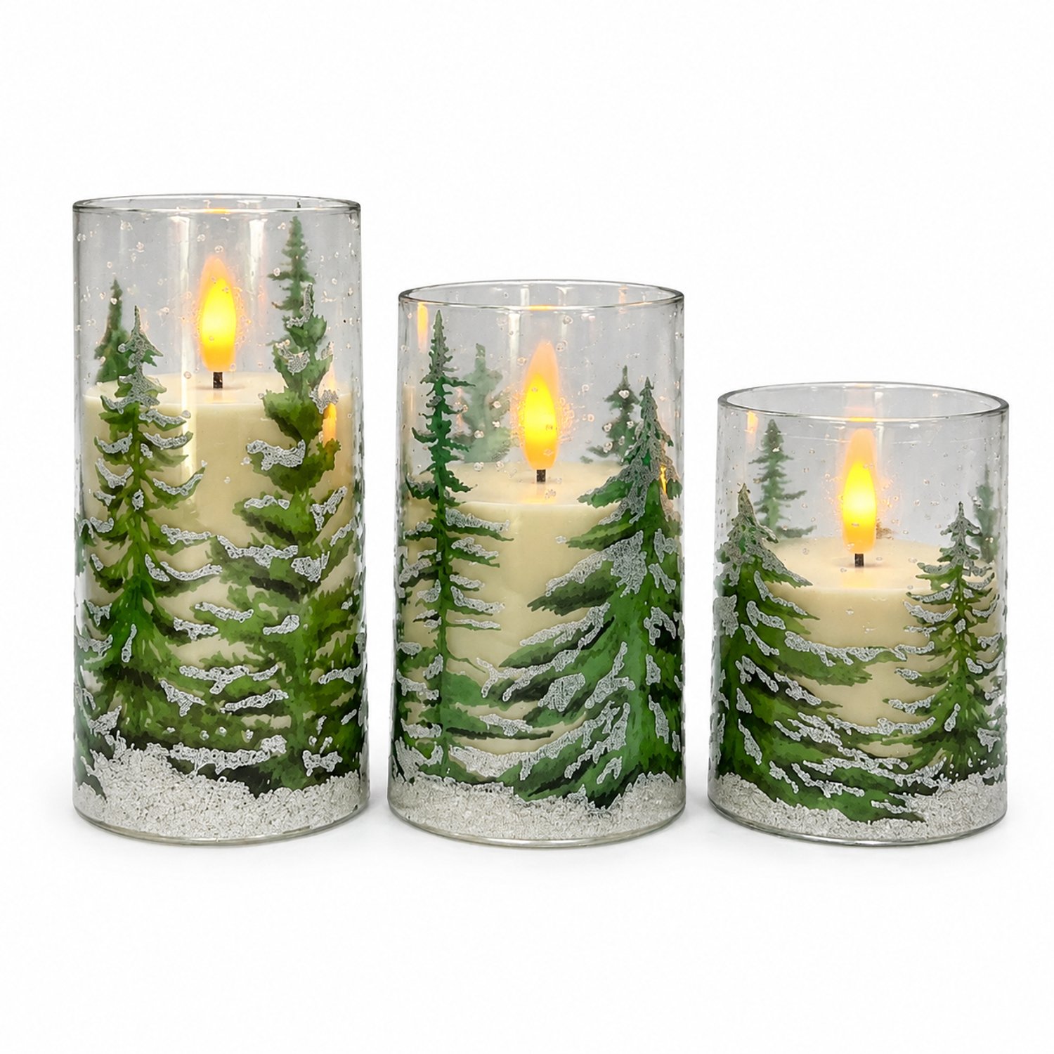 SWGOTA led kaarsen, set van 3 met besneeuwd cedermotief, warmgeel flikkerlicht, 1 afstandsbediening en 1 handleiding Transparant