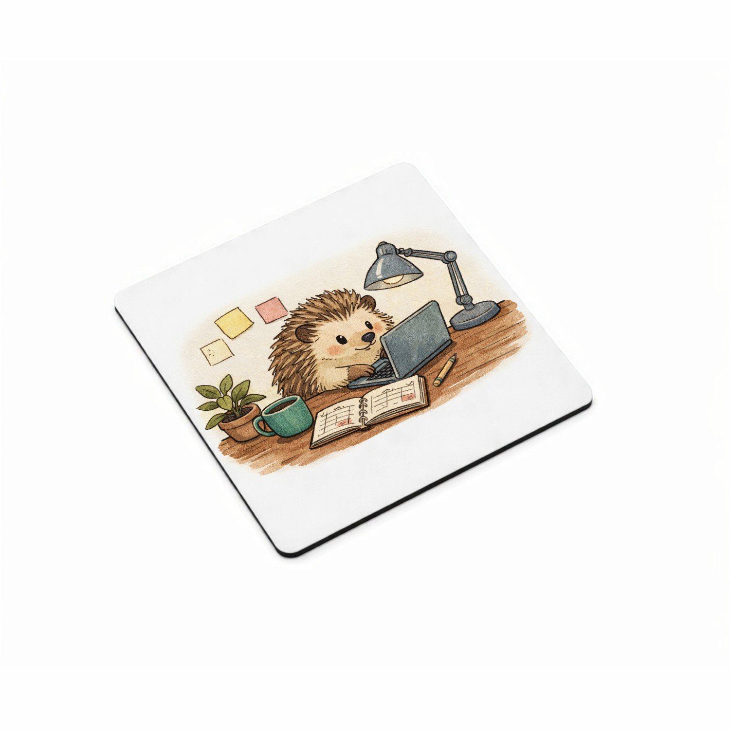 Mr Cadeautjes MDF magnetische fotolijst vierkant 9,5 - design Een egel in een kleine thuiswerkhoek met post-its, planner e | cadeau Wit
