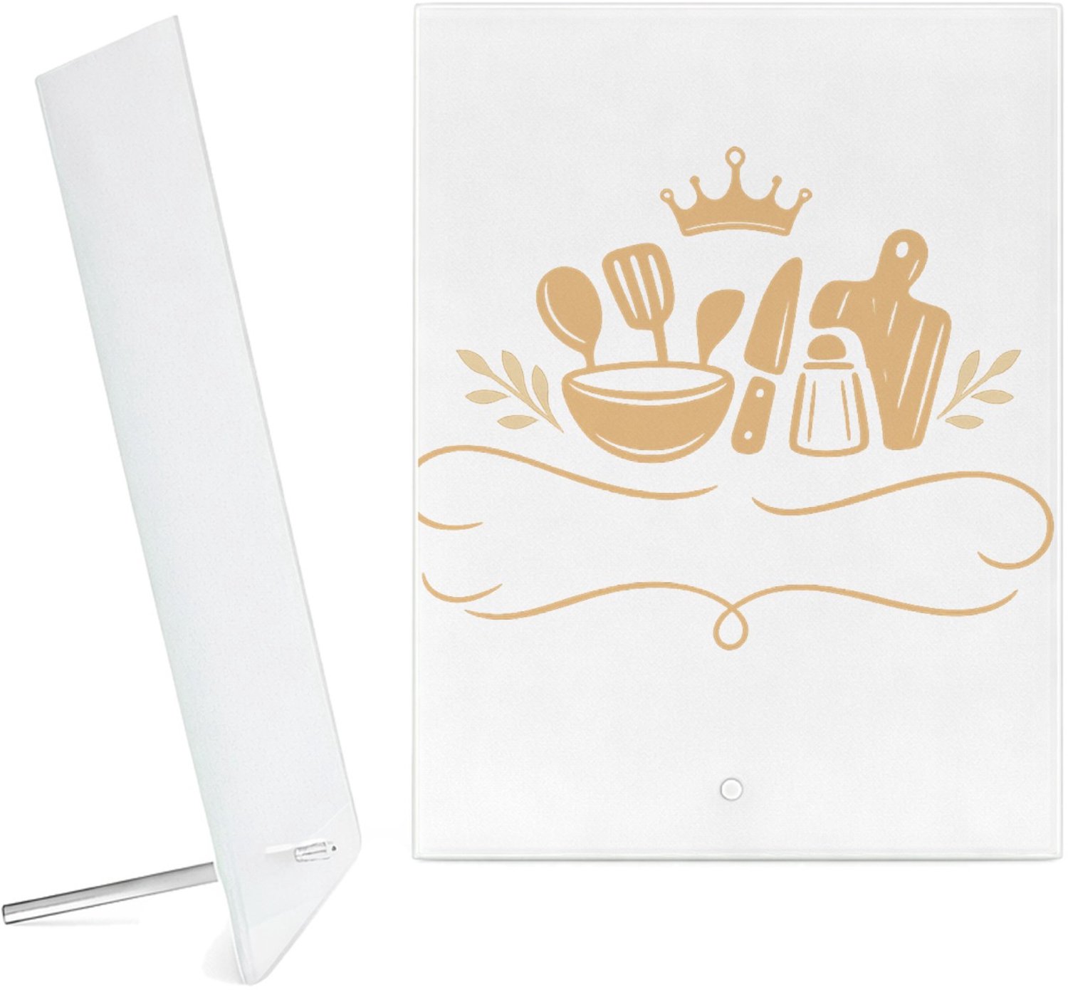 Mr Cadeautjes Glazen fotopaneel Een elegante, humoristische keukenprint met een zelfverzeker - 15 x 20 cm, staand - glas, decoratie, wanddecoratie | cadeau Wit