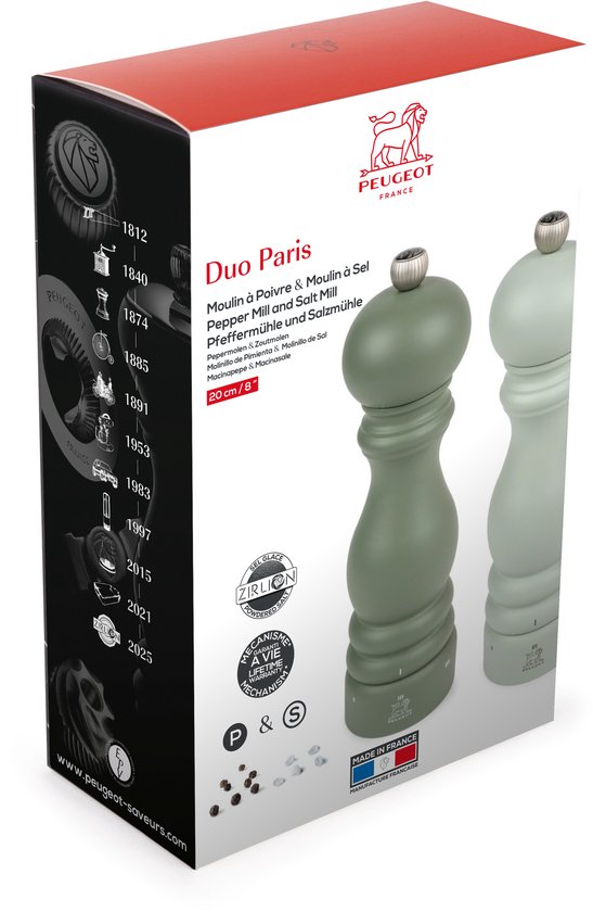 Peugeot Duo Paris zout- en pepermolenset in groentinten in verpakking met vermelding van levenslange garantie.