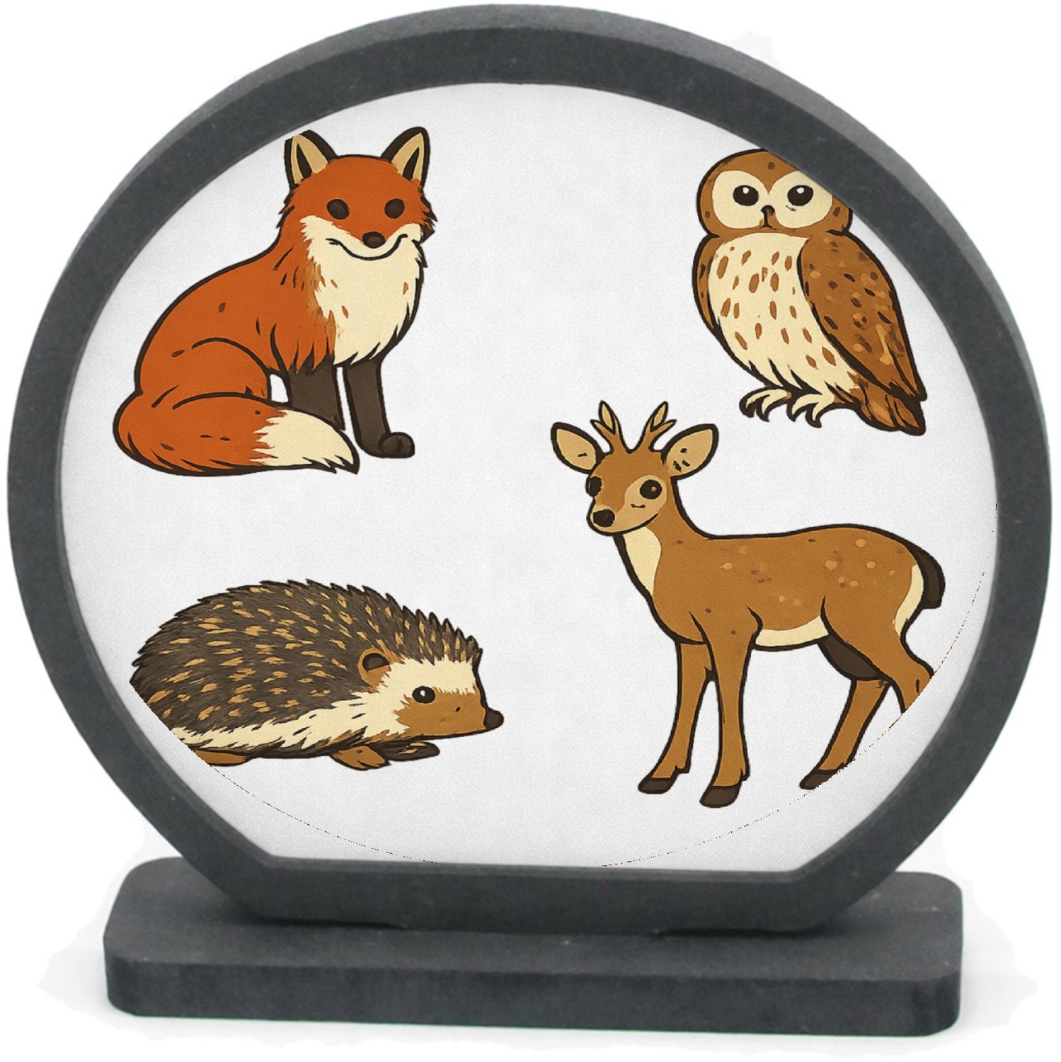 Mr Cadeautjes Houten fotolijst rond met MDF inleg - design Een set van vier bosdieren in een vergelijkbare educatieve v | cadeau Wit
