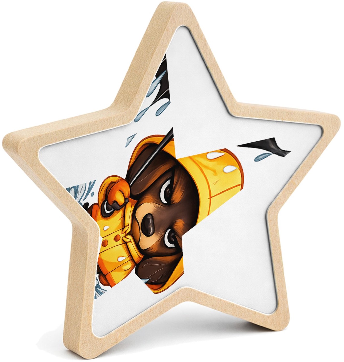 Mr Cadeautjes MDF fotolijst ster 14 x 13,5 - design Een chagrijnige teckel in een regenjas met een kapot ogende | cadeau Wit