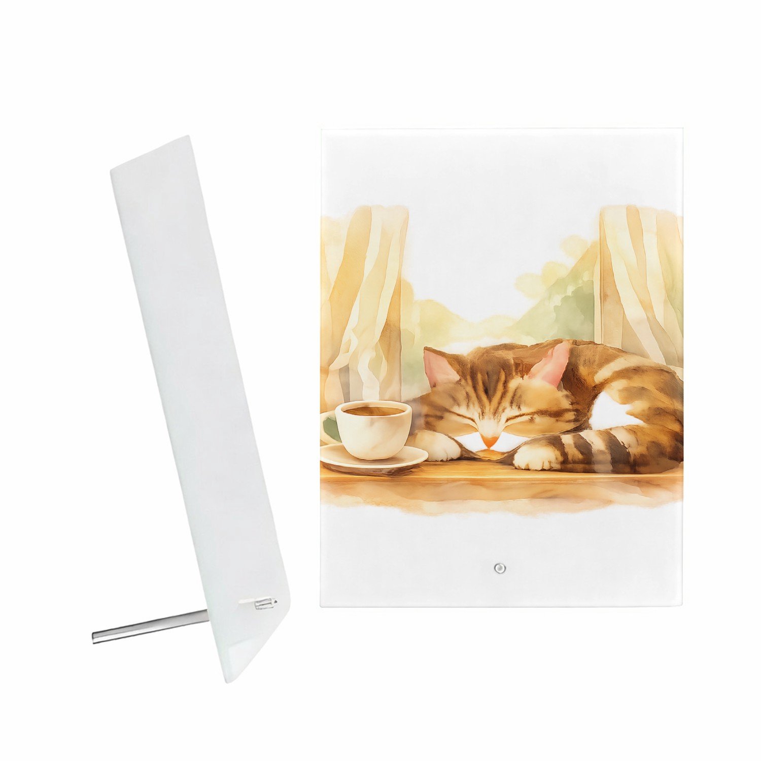 Mr Cadeautjes Glazen fotopaneel Een slapende kat op een vensterbank met een kopje thee en za - 15 x 20 cm, staand - glas, decoratie, wanddecoratie | cadeau Wit