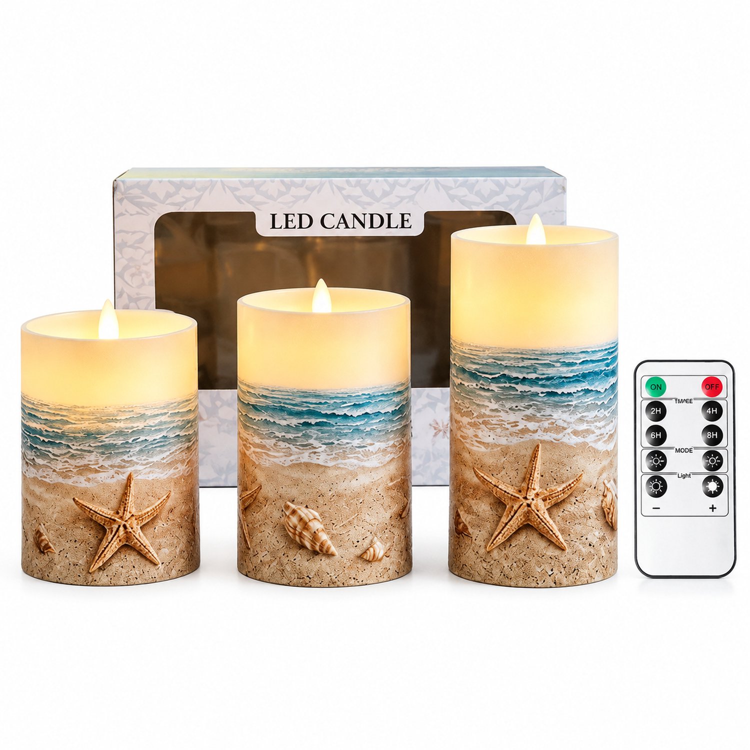 SWGOTA led kaarsen, set van 3 met bewegende vlam en afstandsbediening, warm licht en zeestermotief, in vensterdoos Beige