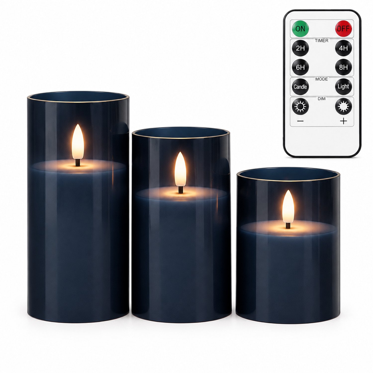 SWGOTA led kaarsen, 3 stuks per doos, donkerblauw, met afstandsbediening en timer, cilindervormige sfeerdecoratie