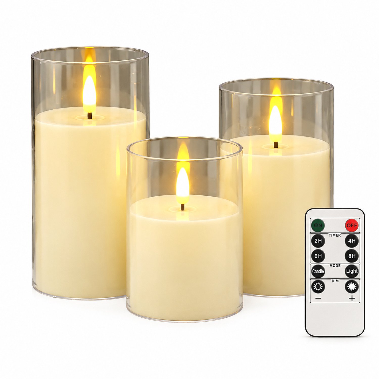 SWGOTA led kaarsen, set van 3, ivoorkleurig, 7,5 x 10/12,5/15 cm, met puntvormige vlam, transparante cilinderkap en afstandsbediening