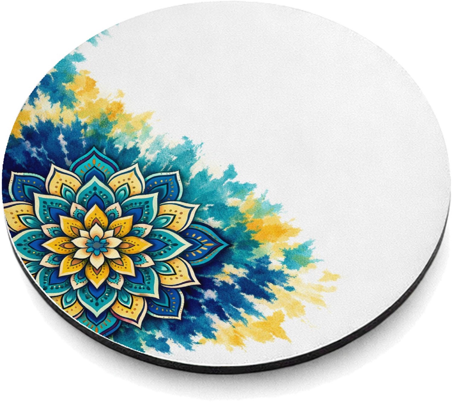 Mr Cadeautjes MDF magnetische fotolijst rond Ø 9,5 - design Een grote, centrale zonnebloemmandala op een zachte aquarelw | cadeau Wit
