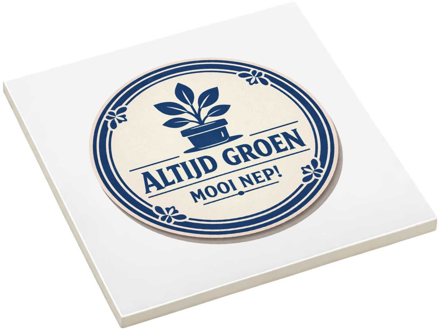 Mr Cadeautjes Fototegel Een minimalistische retro-embleemopmaak met een ronde rand- 15 x 15 cm, keramiek - keuken, badkamer, decoratie | cadeau Wit