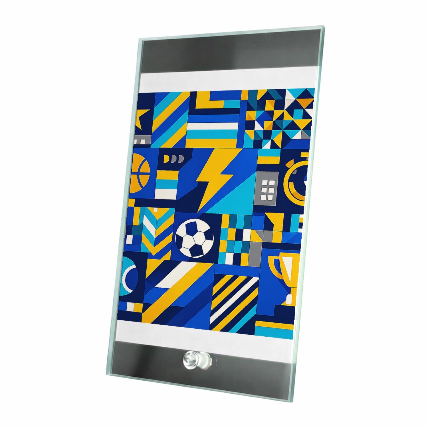 Mr Cadeautjes Glasframe 15 x 23 - design Een sportieve patchworkprint met kleine iconische vormen zoa | cadeau Wit