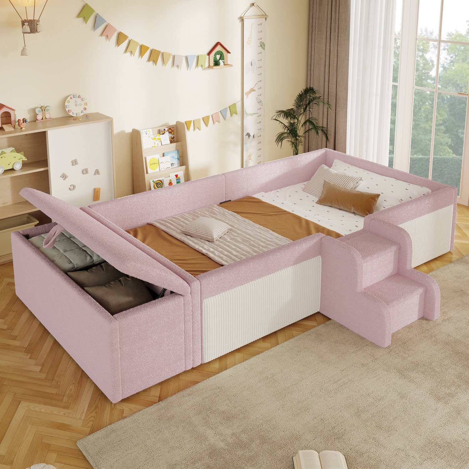 Zubaliya Gepolsterd bed, 90 x 190 cm, klein trapje, bank met opbergruimte, Bouclé, zonder matras, roze