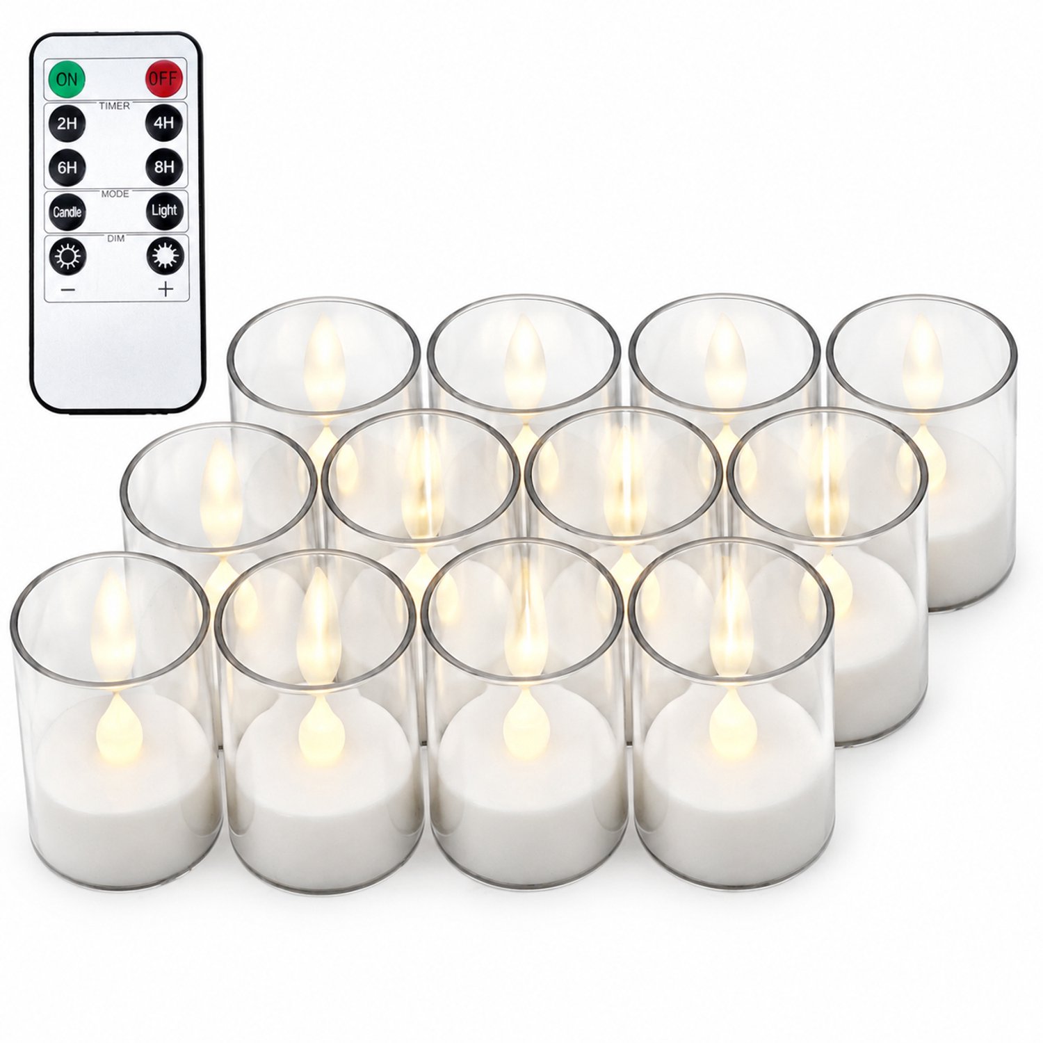 SWGOTA led kaarsen - 12 theelichtjes per doos in transparante houders, met afstandsbediening en warm vlamvormig licht voor bruiloftsdecoratie Wit