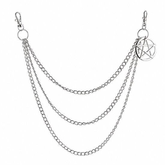 Zilverkleurige broekketting met drie lagen en een pentagramhanger.