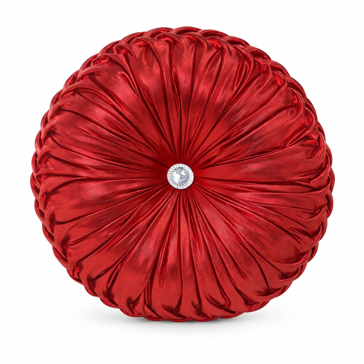 SWGOTA Rond rood sierkussen, diameter 35 cm, dikte 10 cm, glanzende polyester buitenkant met plooien en decoratief middenstuk