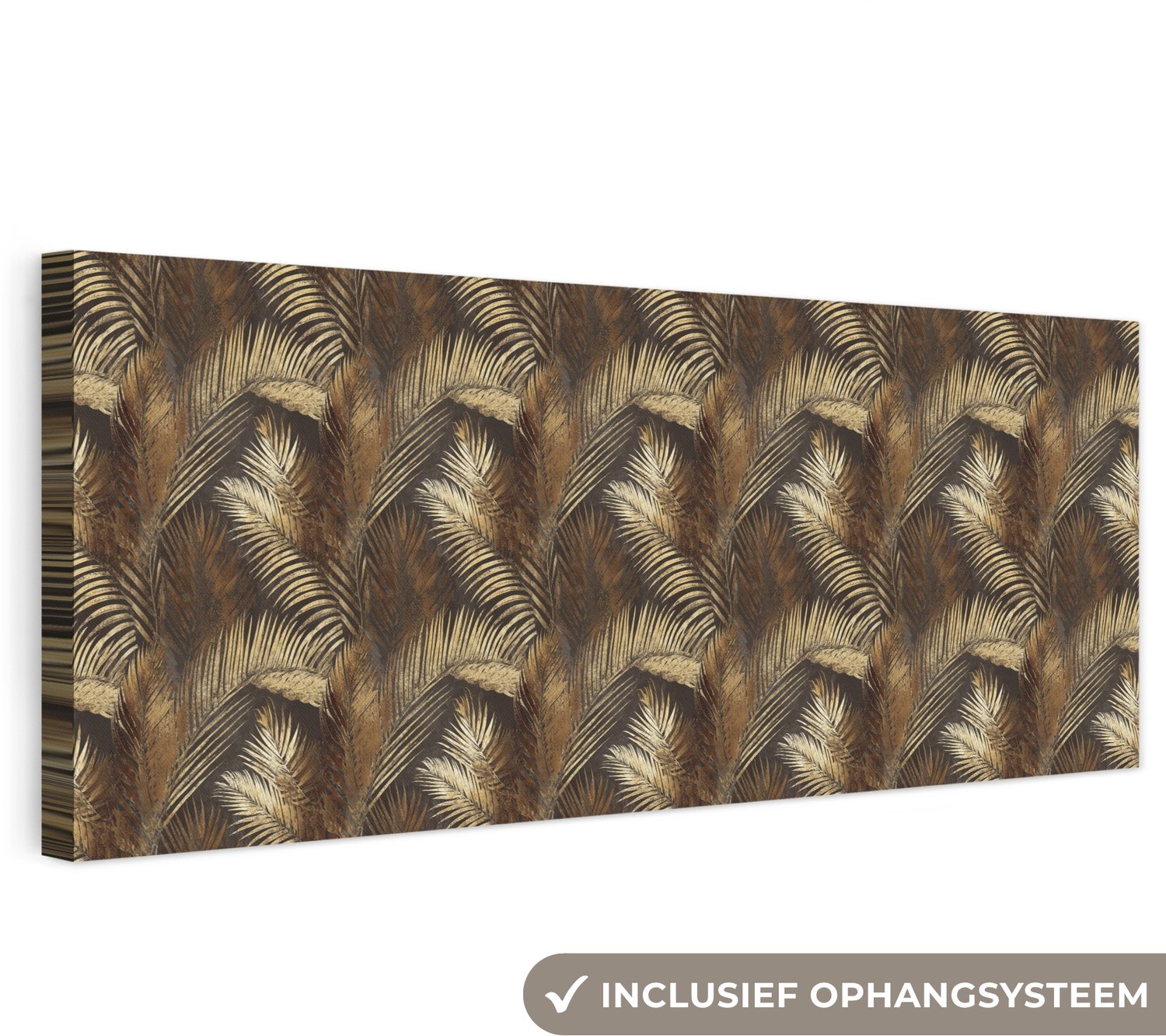 Canvas schilderij 120x40 cm - Exclusieve wanddecoratie Tropisch - Bladeren - Goud - Muurdecoratie woonkamer - Slaapkamer decoratie - Kamer accessoires - Schilderijen op canvas