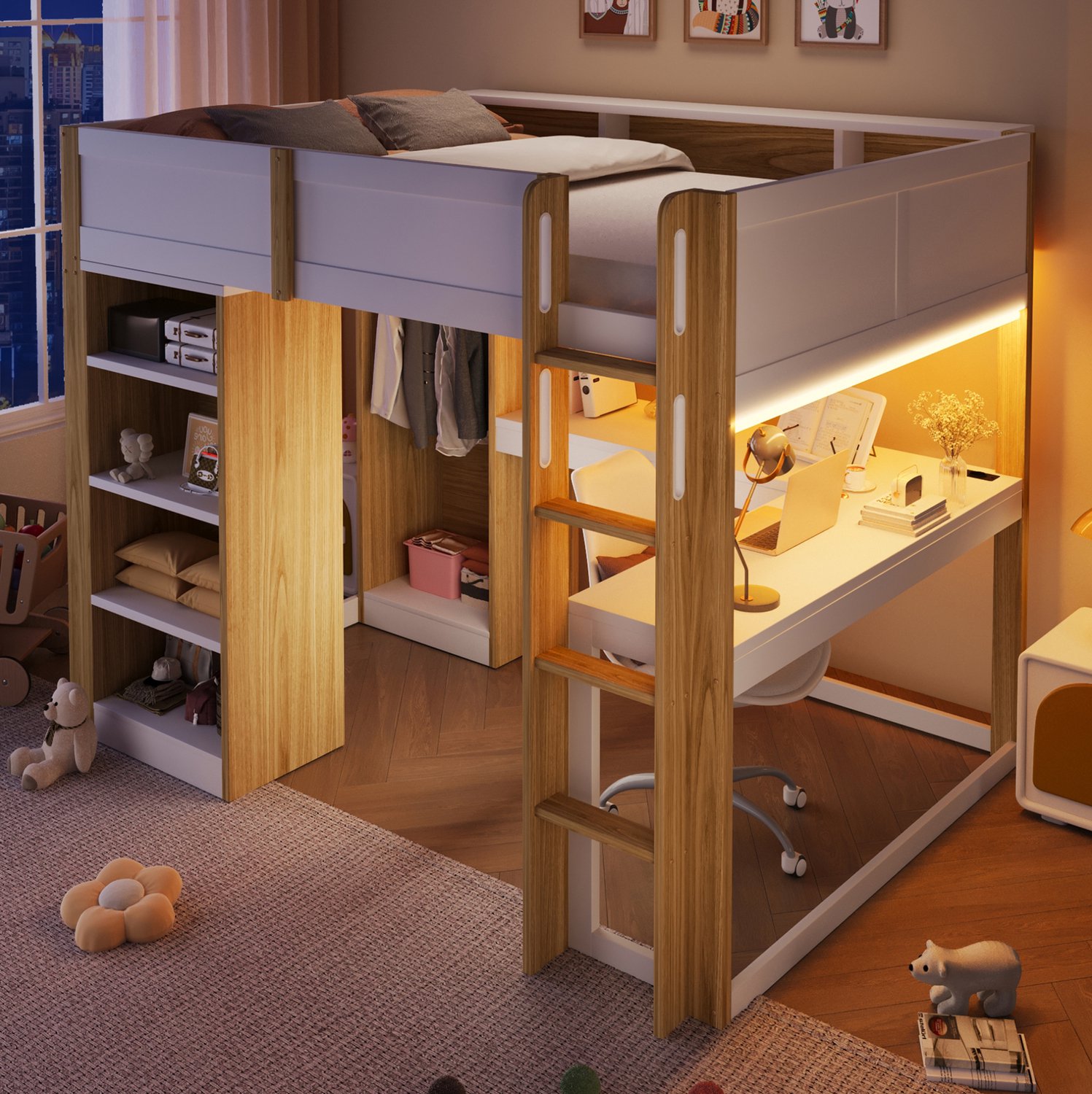 MODFU Hoogslaper Met Bureau En Kledingkast - Ledverlichting - Wit En Naturel - 140 X 200 Cm