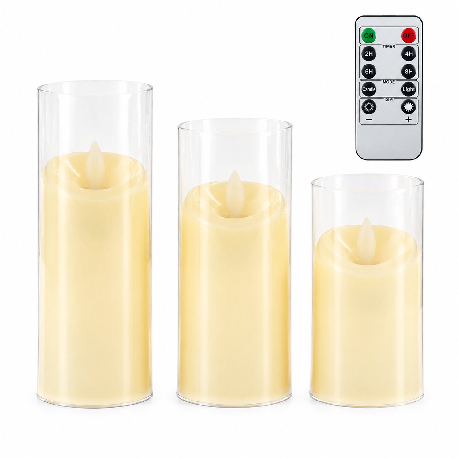 SWGOTA led kaarsen, set van 3, 10/12,5/15 cm, warm licht en vlamvorm, transparante kappen, met afstandsbediening voor feestelijke tafeldecoratie Ivoor
