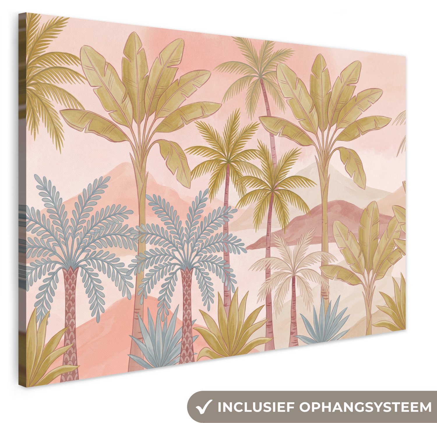 Canvas schilderij 180x120 cm - Exclusieve wanddecoratie Illustratie - Palmbomen - Kleurrijk - Muurdecoratie woonkamer - Slaapkamer decoratie - Kamer accessoires - Schilderijen op canvas groot XXL