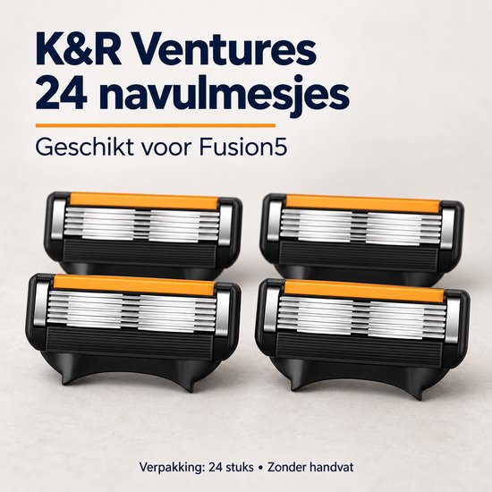 Vier K&R Ventures Fusion5-compatibele scheermesjes met 5 bladen. Verpakking van 24 stuks, zonder handvat.
