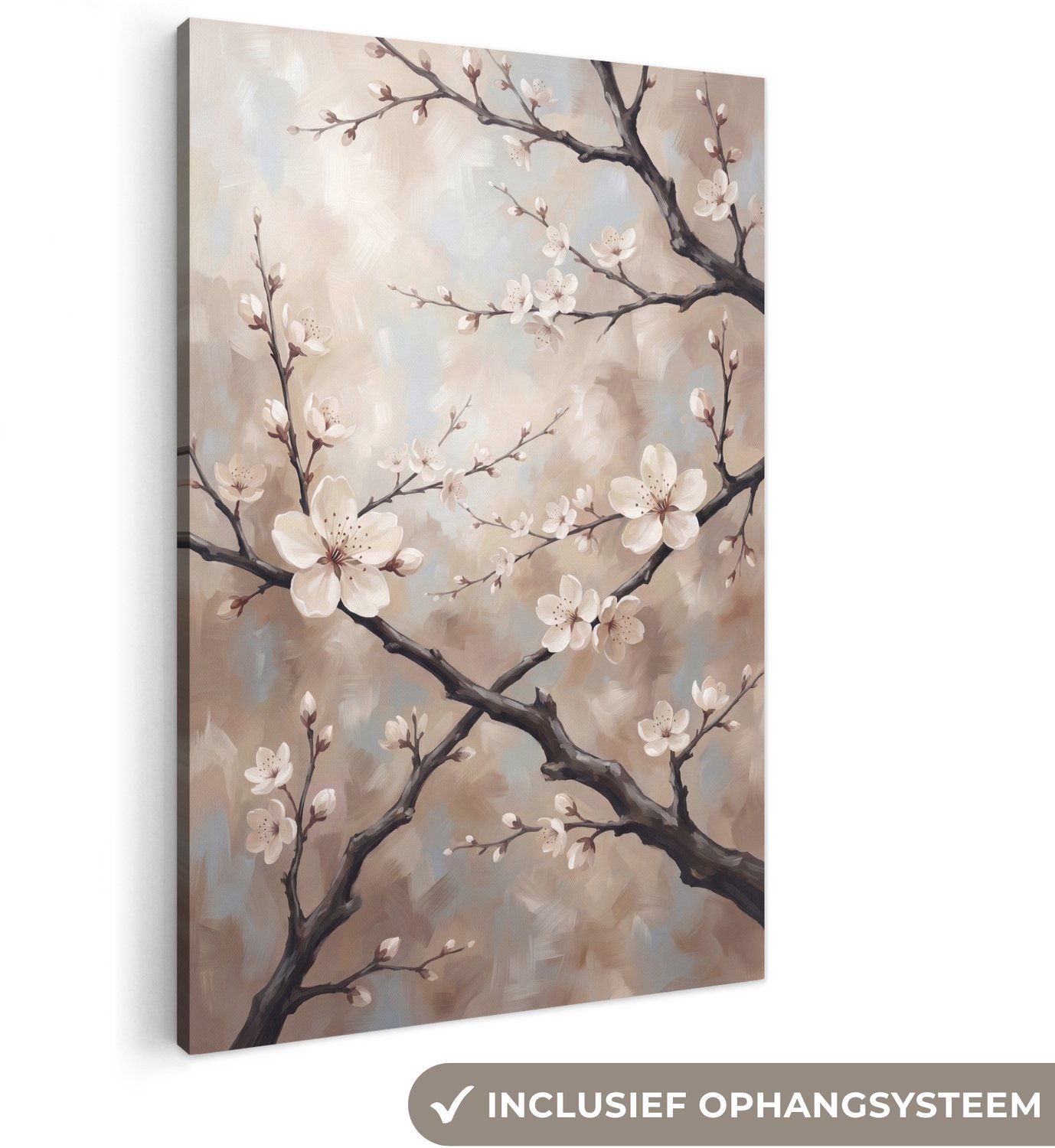Canvas schilderij 100x150 cm - Exclusieve wanddecoratie Bloesem - Takken - Schilderij - Beige - Serene - Muurdecoratie woonkamer - Slaapkamer decoratie - Kamer accessoires - Schilderijen op canvas groot XXL