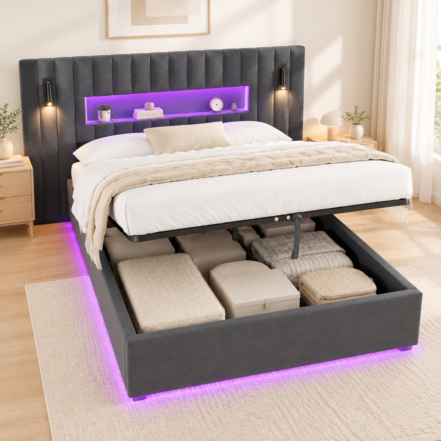 OKWISH Opbergbed 140 x 200 cm – Hydraulische Opbergruimte– Met Leeslampen, USB-poorten en Verstelbaar Hoofdbord – Fluweel – Grijs