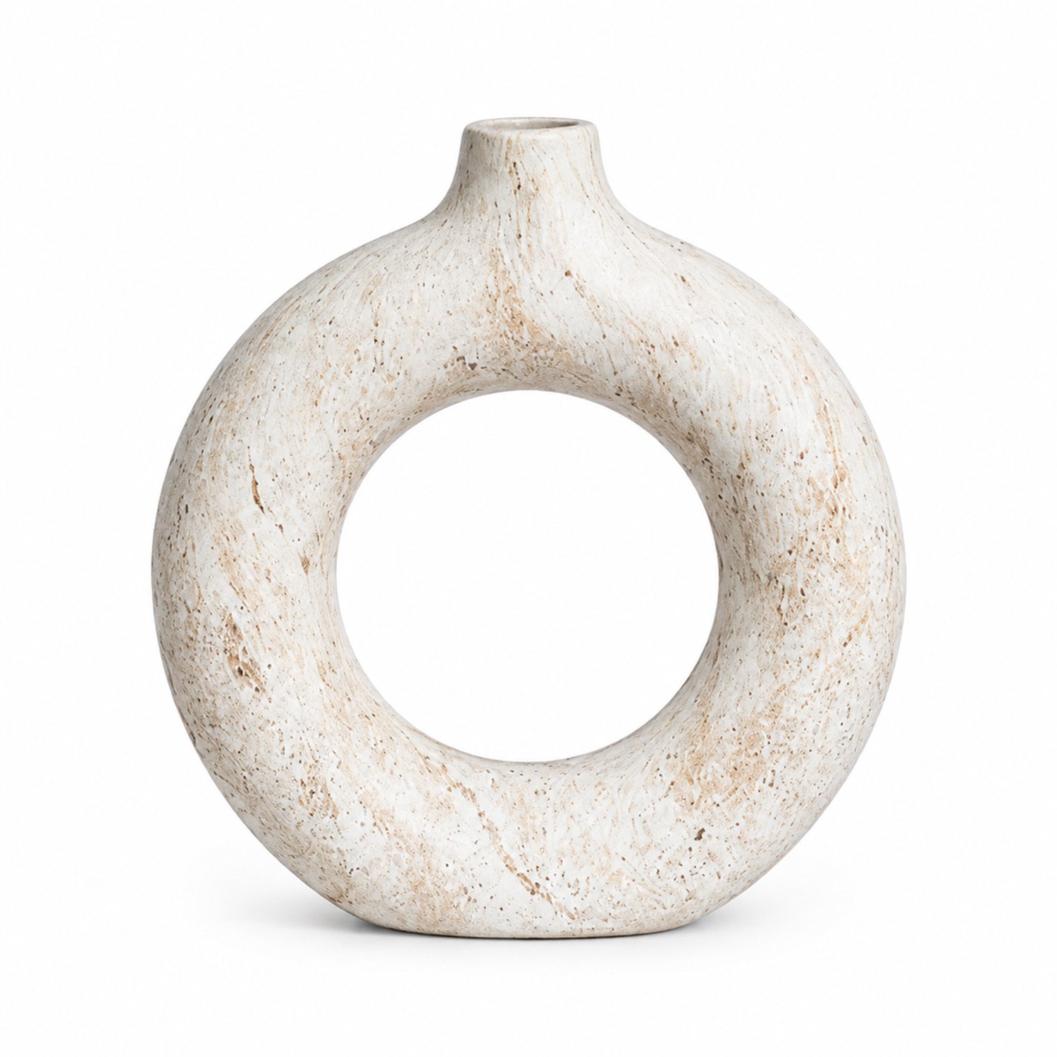 SWGOTA Keramische vaas in wabi-sabistijl - Ringvorm met open midden en korte hals - Gebroken wit met beige tekening - 18 x 5 x 19,5 cm
