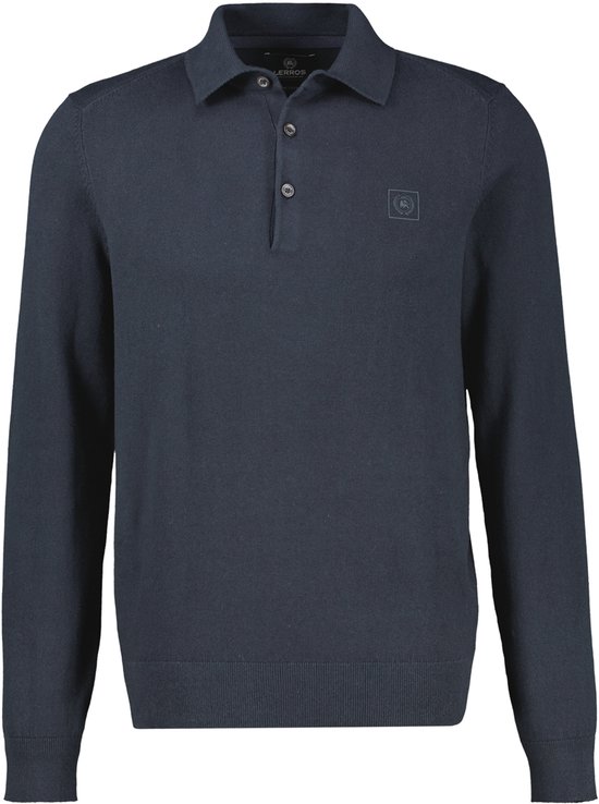 Donkerblauwe katoenen trui met kraag, knoopsluiting en Lerros-logo op de borst.
