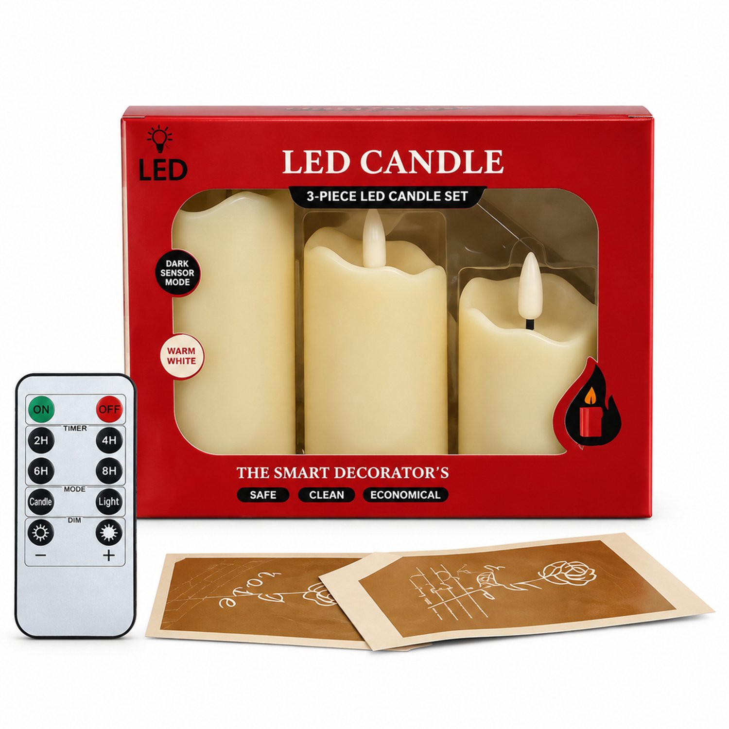 SWGOTA led kaarsen, set van 3 met afstandsbediening, golvende rand en vlamvormige led-tip, in vensterdoos Crème