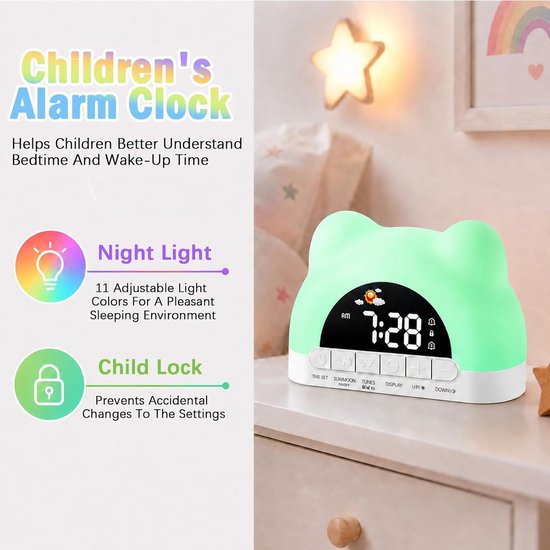 Kinderwekker - Lichtwekker - Digitale Wekker met Lamp - Lichtwekker - Snooze Functie - 12/24H - voor Meisjes Jongens Tieners Slaapkamer — afbeelding 4