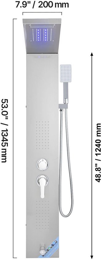 Zilverkleurig roestvrijstalen douchepaneel met afmetingen van 1345 mm en geïntegreerde handdouche.