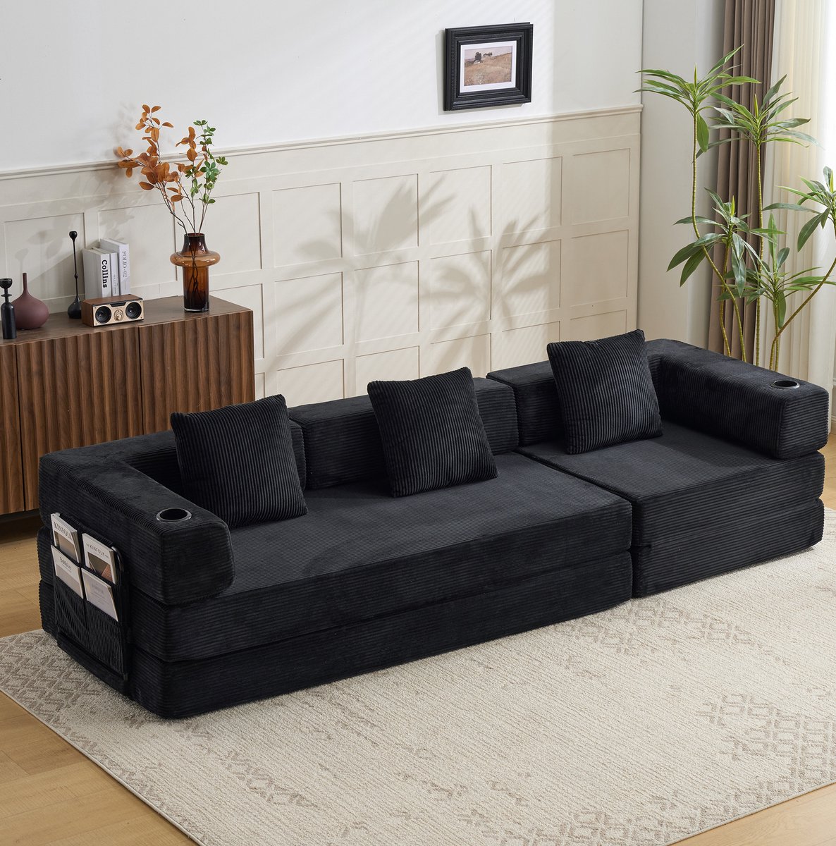 STILVORA Slaapbank 277,5 x 92,5 x 60 cm - 3-Zits Opvouwbare Vloerbank Met Slaapfunctie - Woonkamer En Slaapkamer - Ribfluweel Zwart