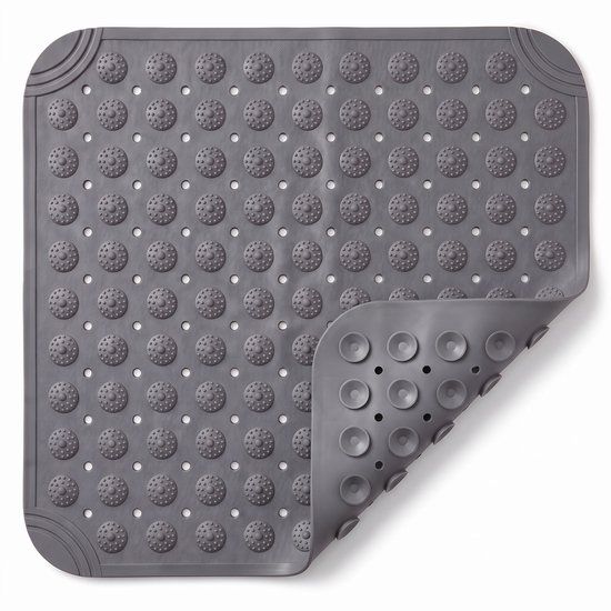 Tapis de douche gris avec ventouses rondes et un motif de cercles avec des picots.