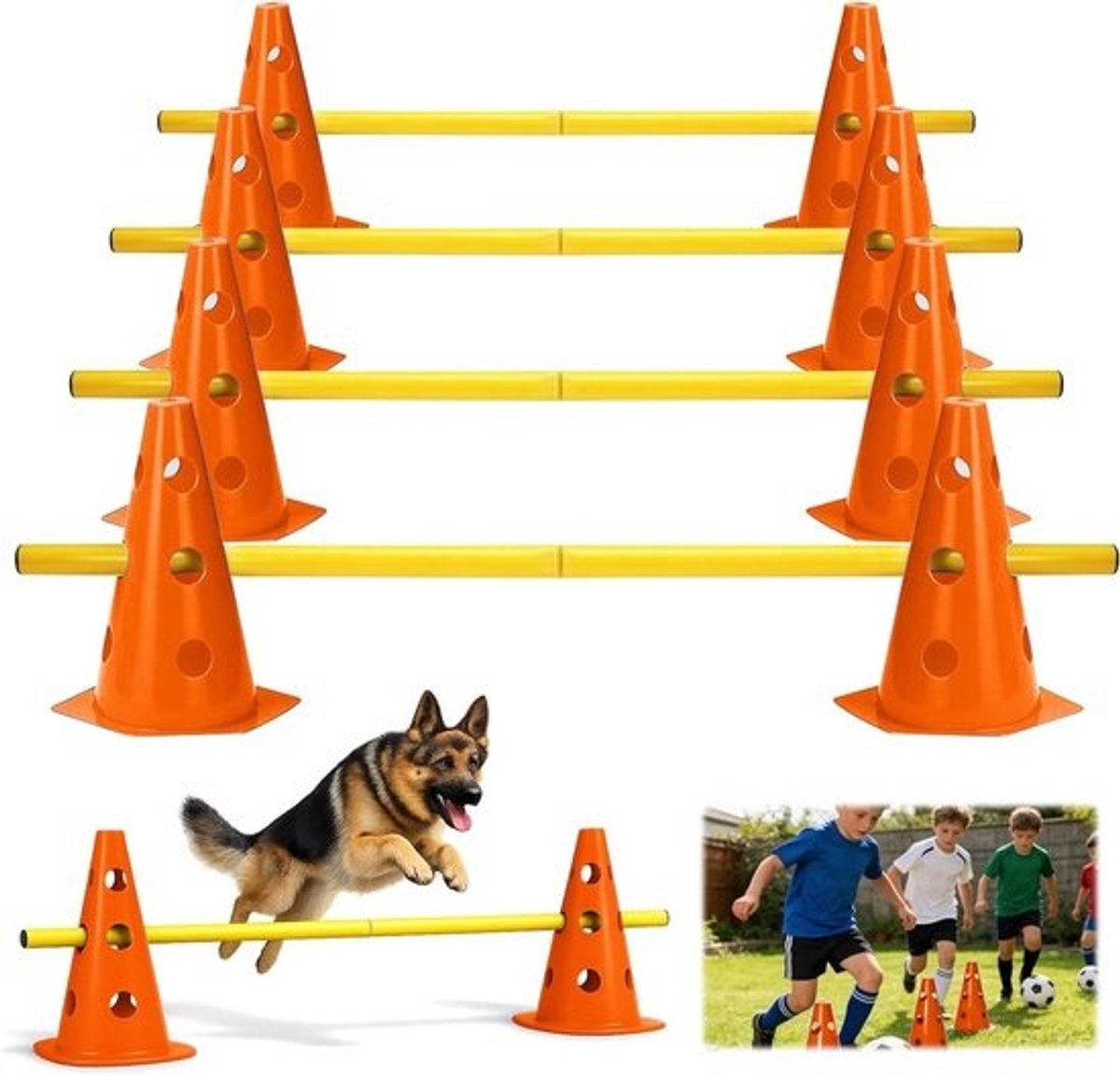 10 Kegels en 5 Stangen voor Agility Obstakels, Verstelbare Trainingsset voor Honden, Kinderen en Paarden, Ideaal voor Sport en Spel, 23 cm Hoog, Veelzijdige Trainingsoplossing